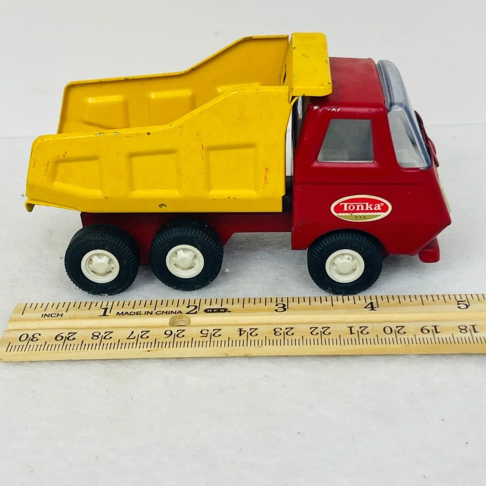 Vintage Tonka USA Red and Yellow Diecast Metal Mini Dump Truck Construction Toy